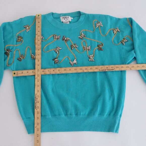 Vintage Cervelle Embellished Turquoise Knit Sweater Bead Butterfly L Whimsygoth - Picture 3 of 11